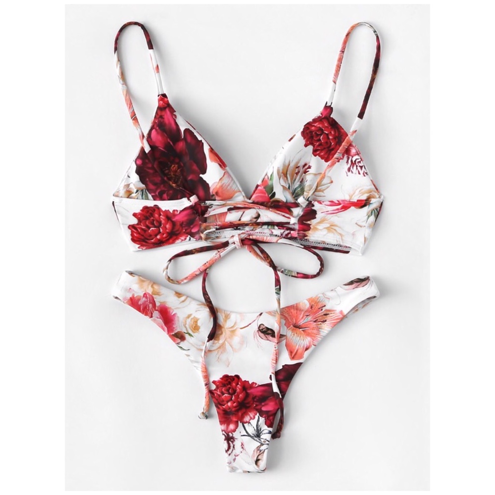 Floral Lace Up Plunge Bikini Swimsuit - Picture 2 of 5